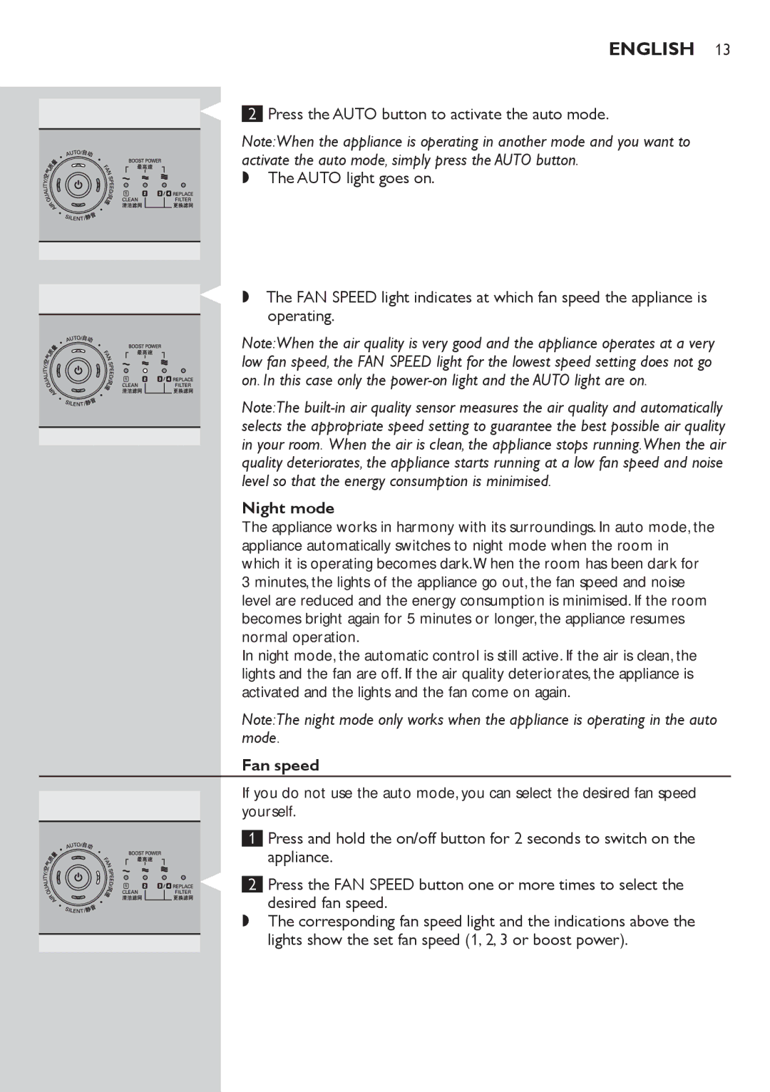 Philips AC4074 manual Night mode, Fan speed 